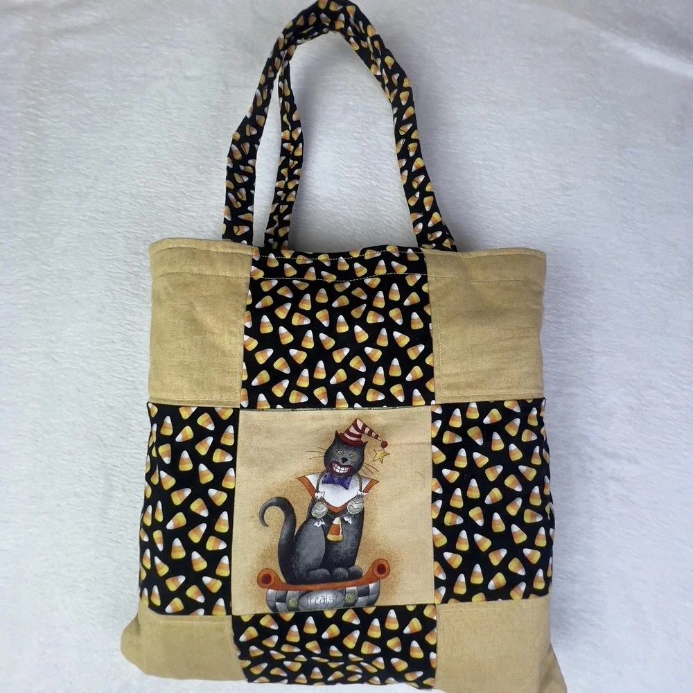 Handmade Halloween Patchwork Quilt Kids‎ 47x38.5 Candy Corn Cat Tote Bag Set